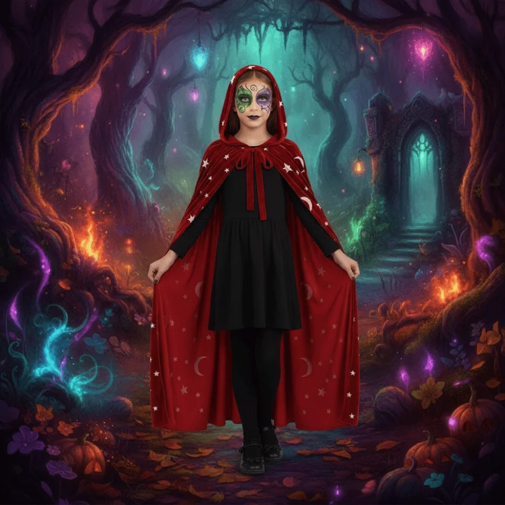 Tie Up Closure Velvet Hooded Cloak Soft Fabric Foil Printed Star Moon Cape with Hood Wrinkle Resistant Gothic Party Apparel