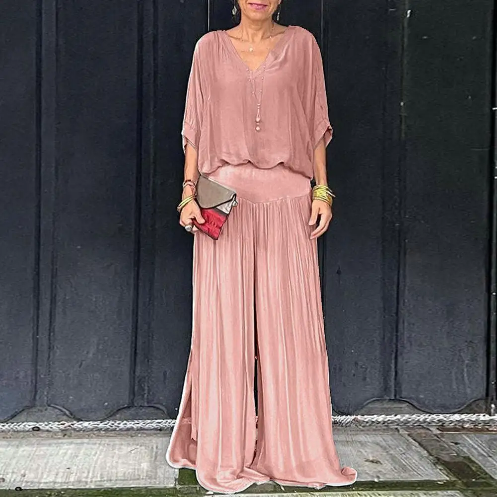 Women Commuting Set Elegant V Neck Pleated Top Wide Leg Pants Set for Women Soft Comfortable Outfit with Bat Sleeves Elastic