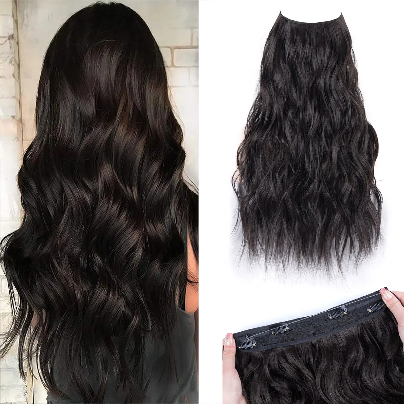 Extensions de cheveux synthétiques longs ondulés, postiche une pièce, ligne de poisson blonde noire naturelle ombrée, faux cheveux invisibles, 4 clips
