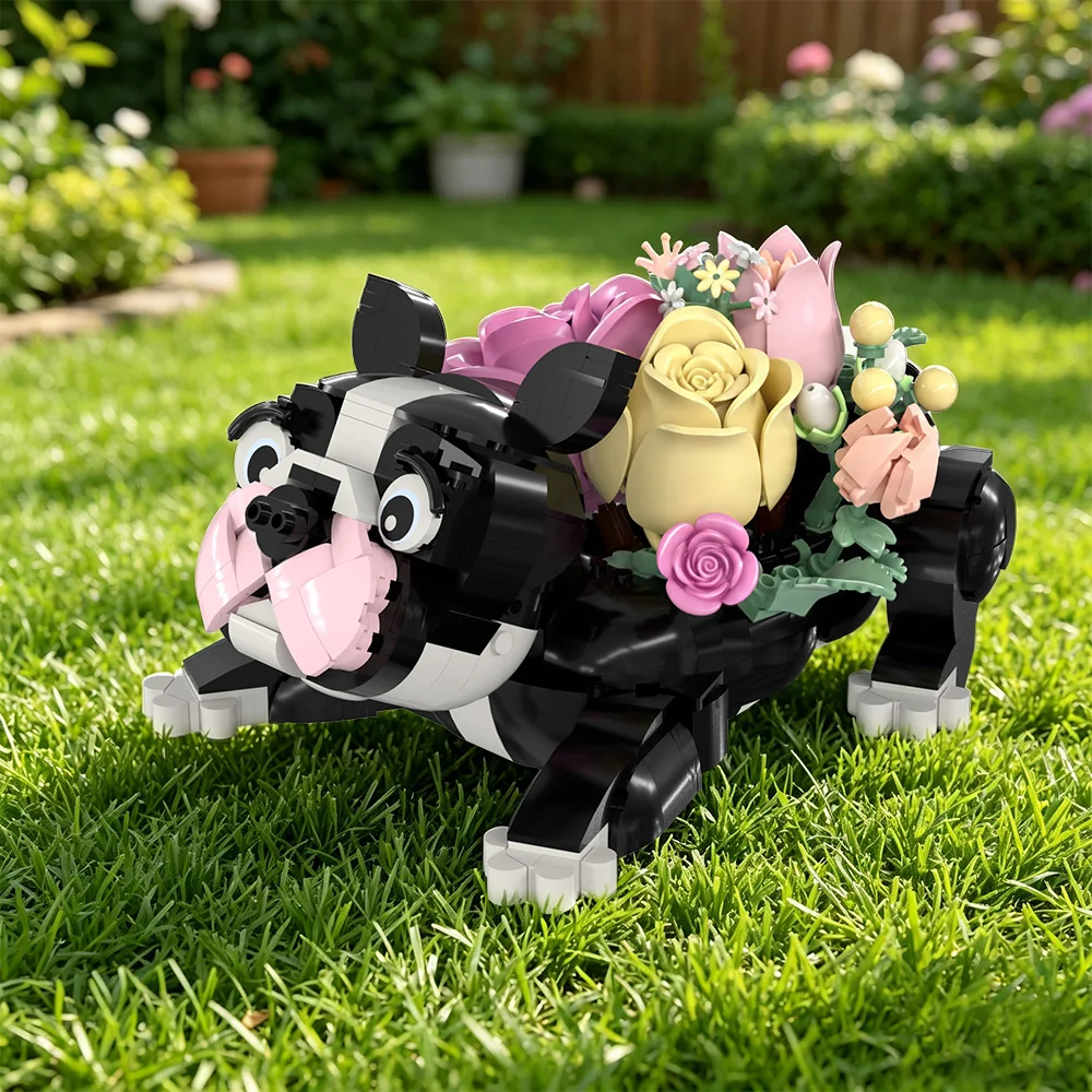 

MOC French Bulldog Flower Building Blocks Black and White Frenchie with Preserved Floral Pet Decor Bricks Toy Adult Gift