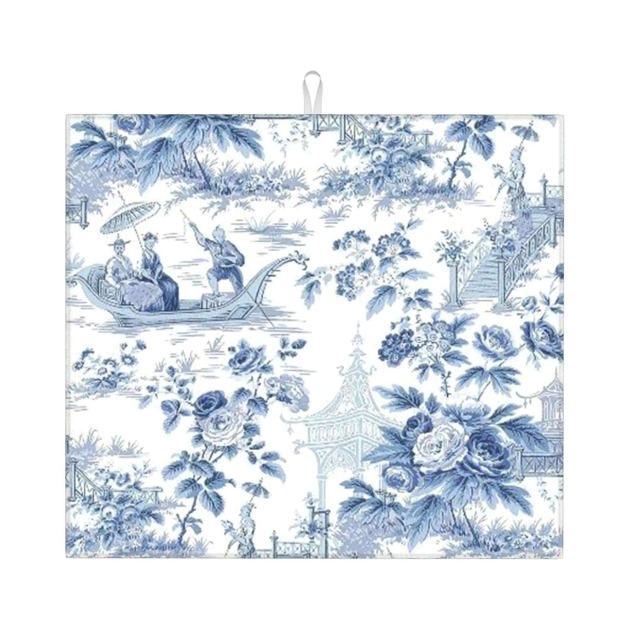 Drying Mat For Kitchen Powder Blue Chinoiserie Toile De Jouy Barware Tableware Oil Proof Washable Kitchen Sink Drying Pad