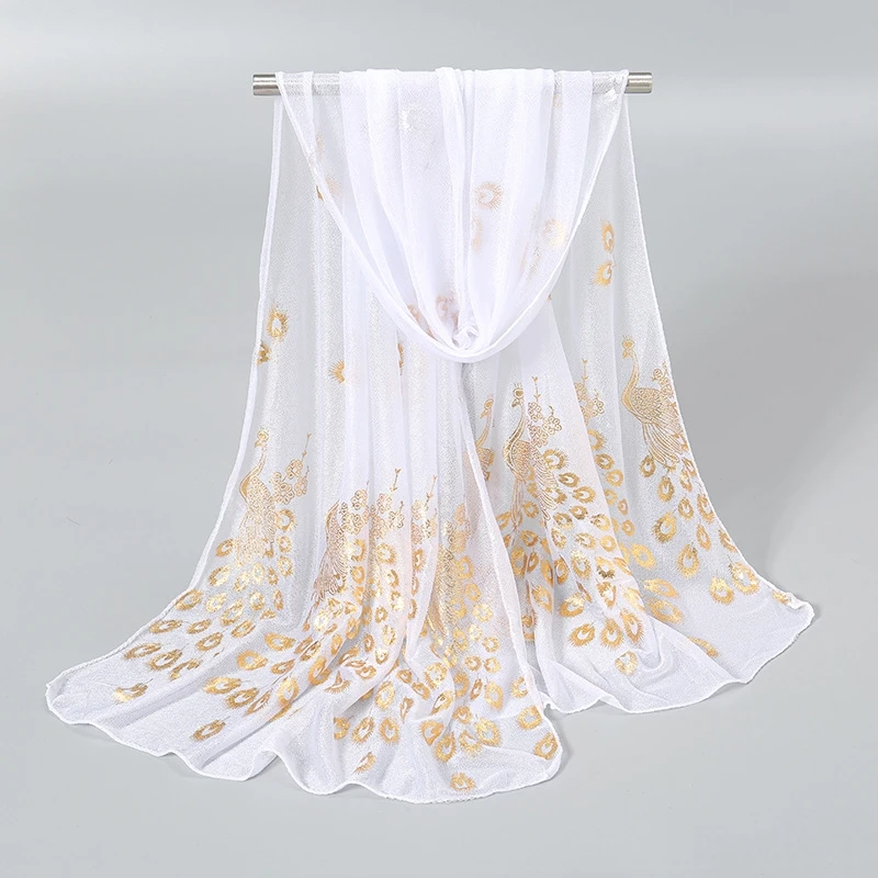 Spring and Summer Women's Scarf Double Layer Sun Protection and Gold Stamping Peacock Scarf Shawl Beauty Yarn Elastic Scarf