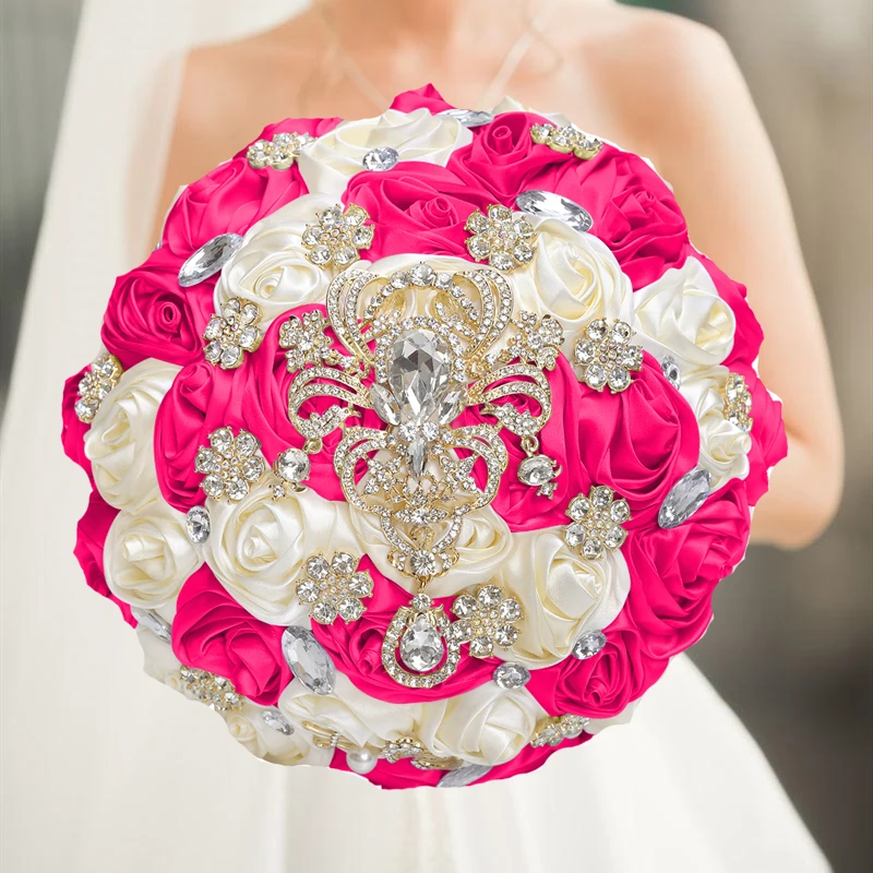 

1pc/lot Fushia Bridal Wedding Bouquet Artificial Ribbon Rose