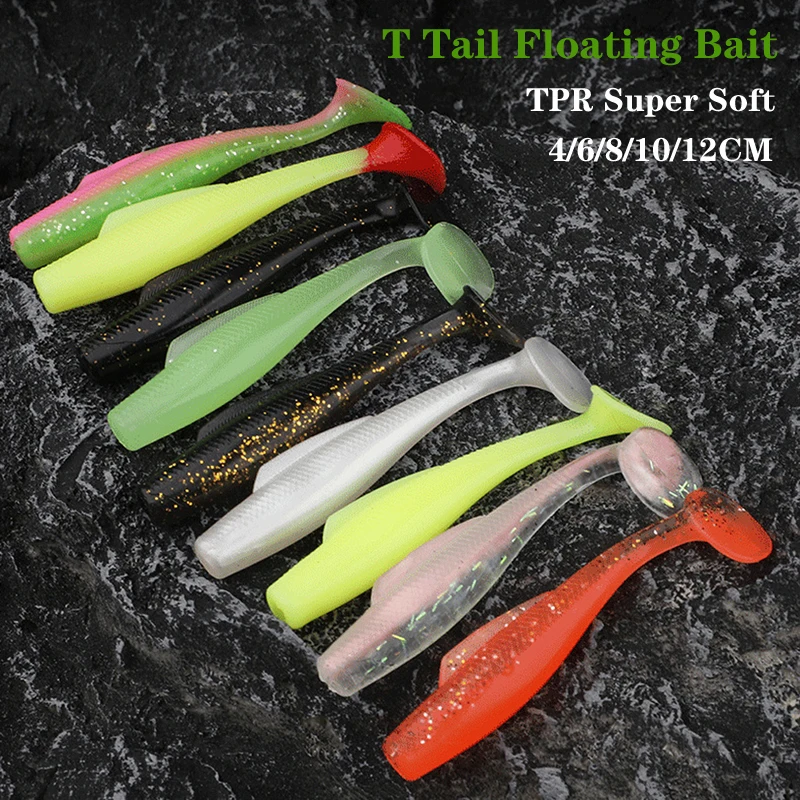 New TPR Soft Lure Worm Silicone Bait T Tail Swimbait Streamer Sea Fishing Minnow Lure 4/6/8/10/12CM Floating Wobbler Set Tackle