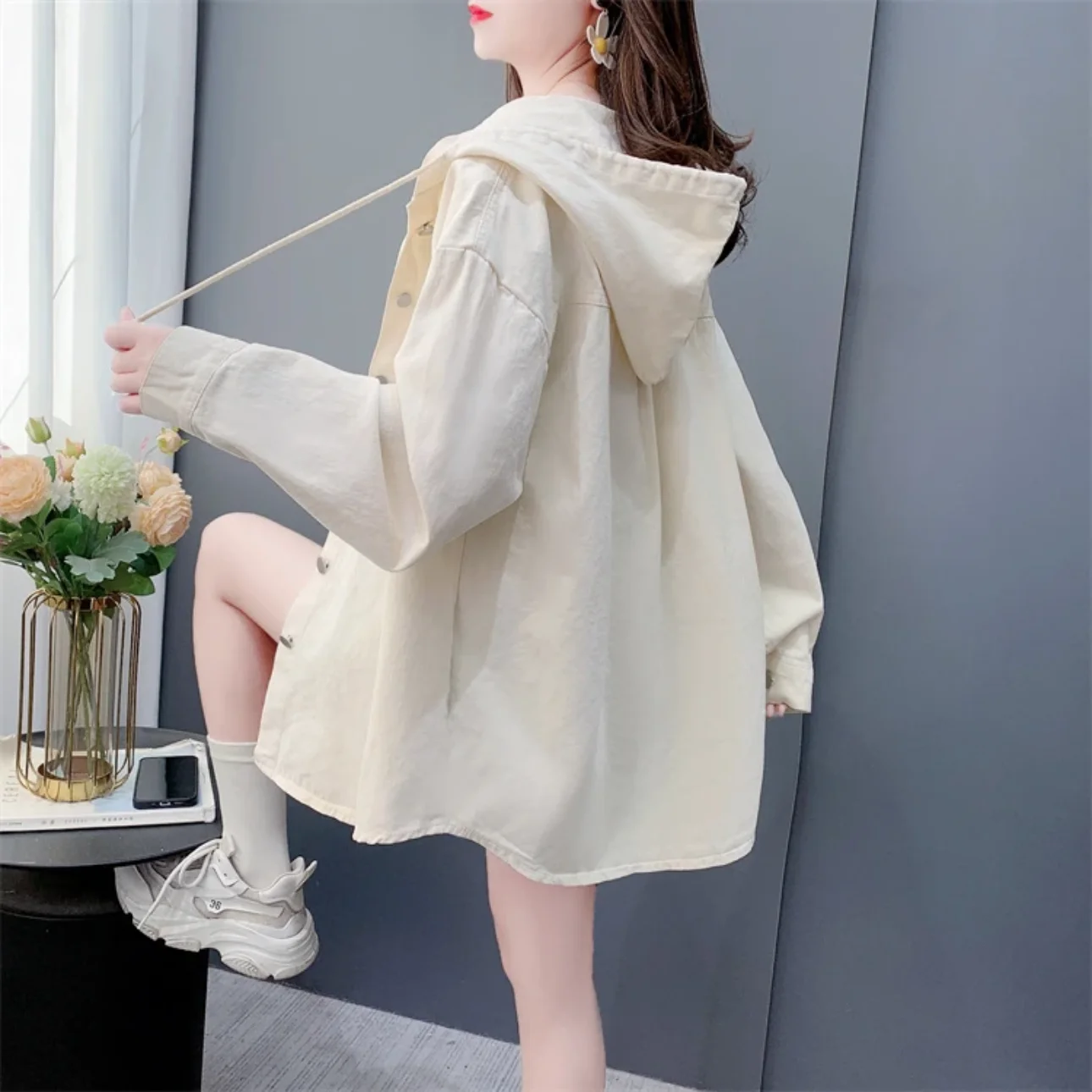 Women Cardigan Hooded Pink Shirts Single-breasted Streetwear Spring Autumn Jacket Windbreaker Long Sleeve Loose Oversized Shirt