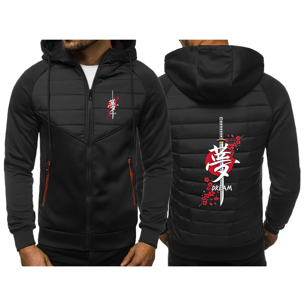 Samurai Sword Cherry Blossom Letter Logo Men New Parka Jackets Winter Casual Men's Outwear Coats Stand Collar Male Hoodies