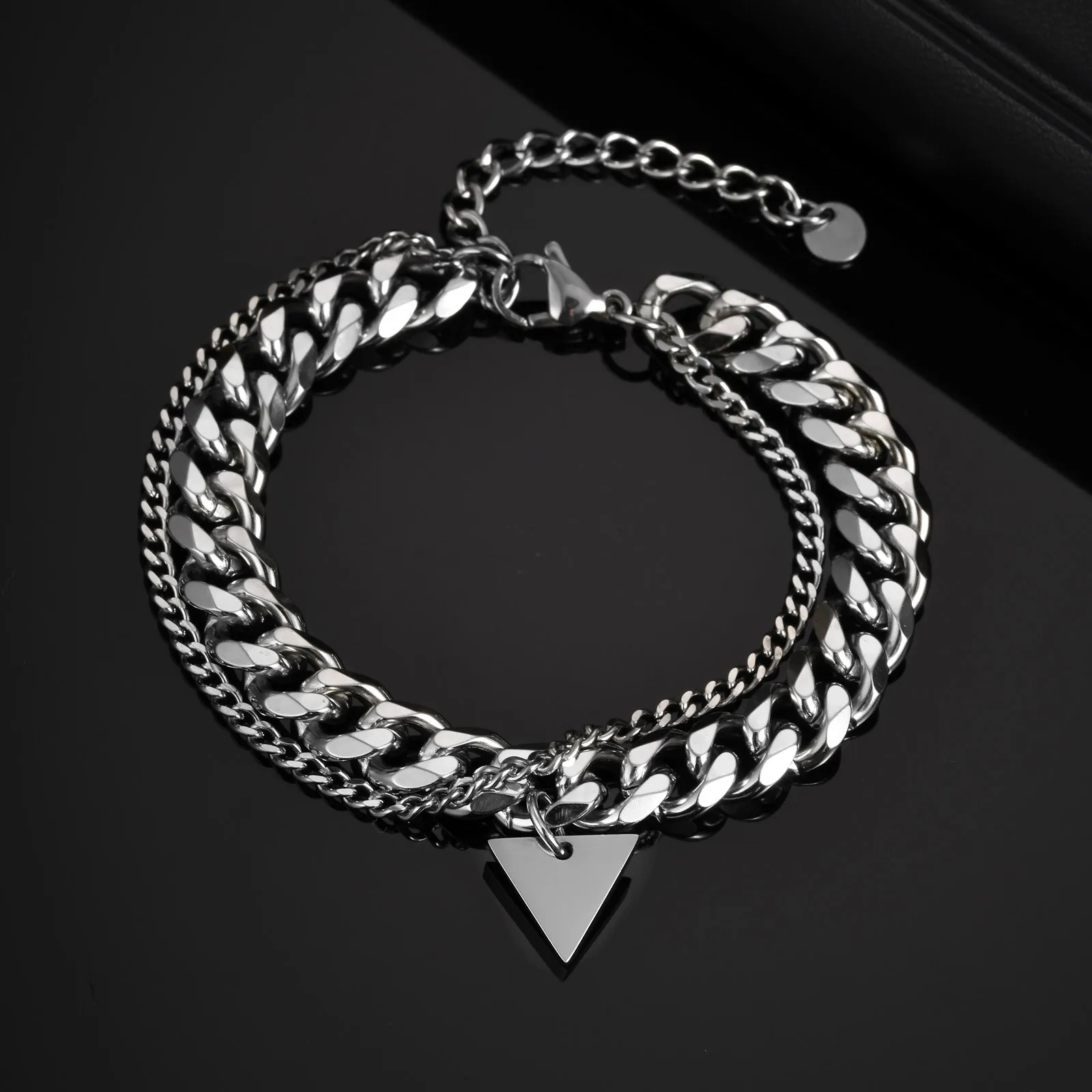 New Inverted Triangle Chain Bracelets for Men Boys,Never Fade Silver Color Cuban Chain Links Wristband,Hip Hop Jewelry Gifts