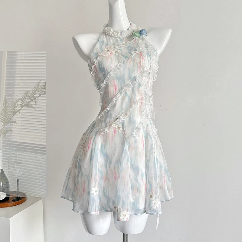 

Summer Ruffles Short Dress Women Embroidered Zipper High Waist Sweet Dress with Liner