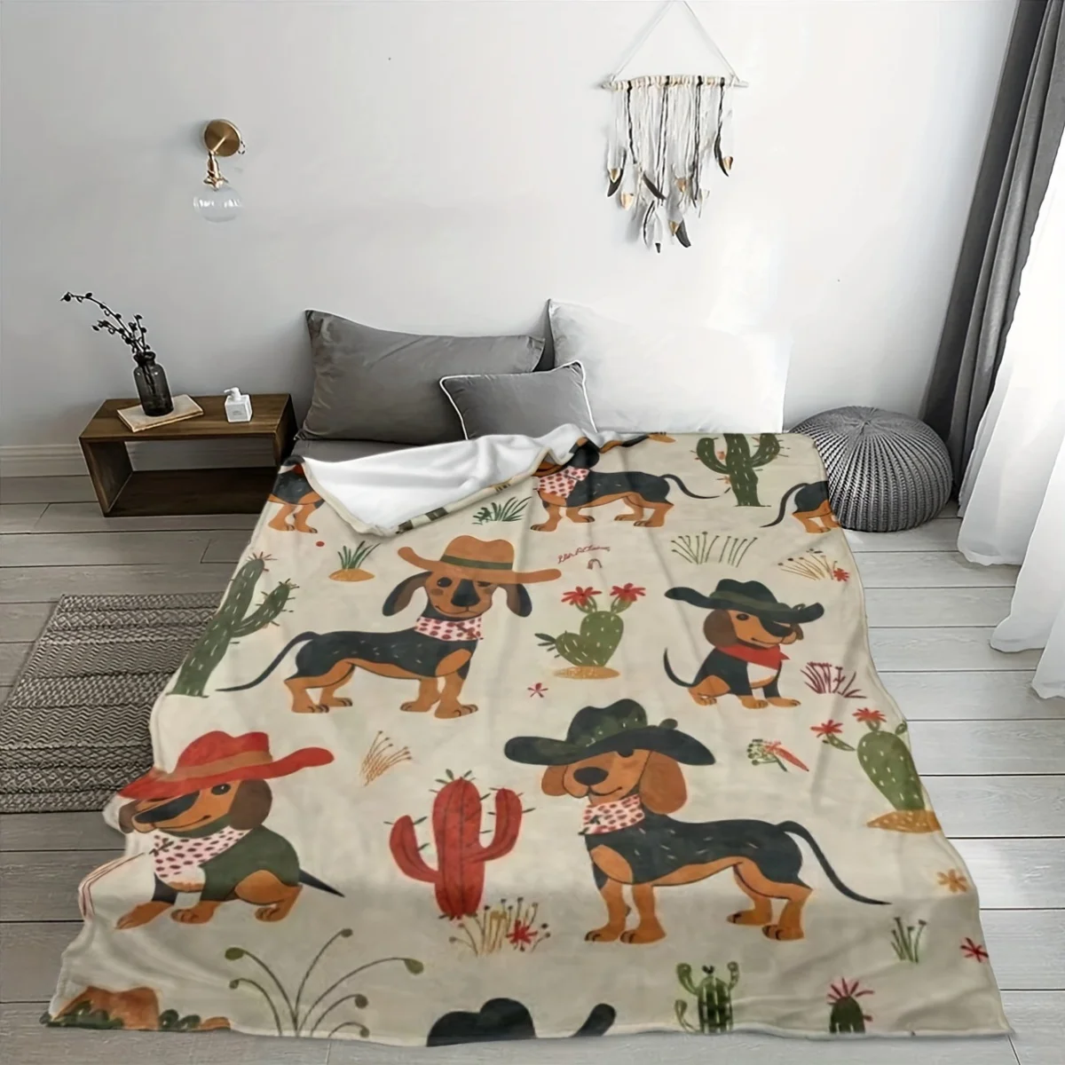 Dachshund Art Throw Blanket, Cute Western Cowboy Dog Cactus Pattern Soft Flannel Blanket  Sofa Bedroom Camping Room Decoration
