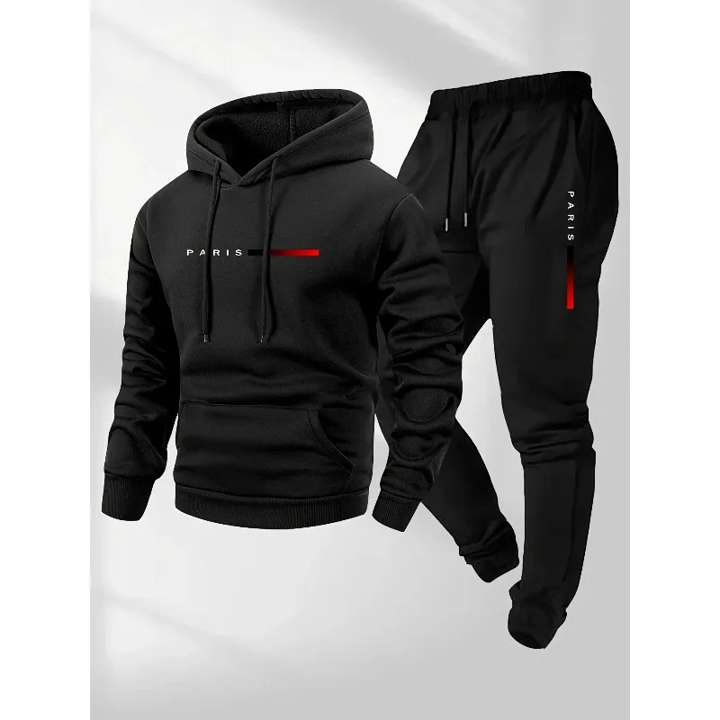 Set pakaian olahraga pria musim gugur dan musim dingin dengan motif huruf, hoodie dan celana, hangat dan tahan angin.