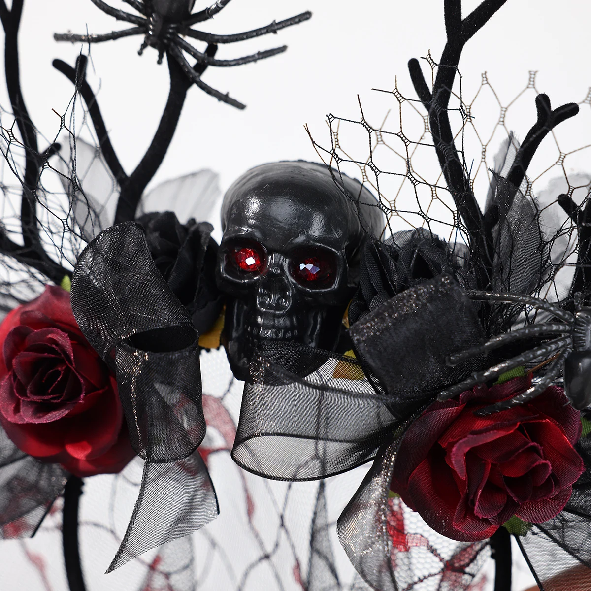 Damen Gothic Geweih-Schädel-Schleier-Stirnband, Schwarzes Spitzen-Rosen-Blumen-Kopfband für Halloween, Vampir-Cosplay, Dunkle Party-Kostüm-Accessoire – Detail 17