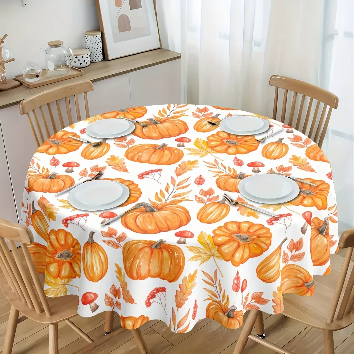 1 piece of Thanksgiving tablecloth - Circular autumn decoration, featuring harvest pumpkins and maple leavesxzj