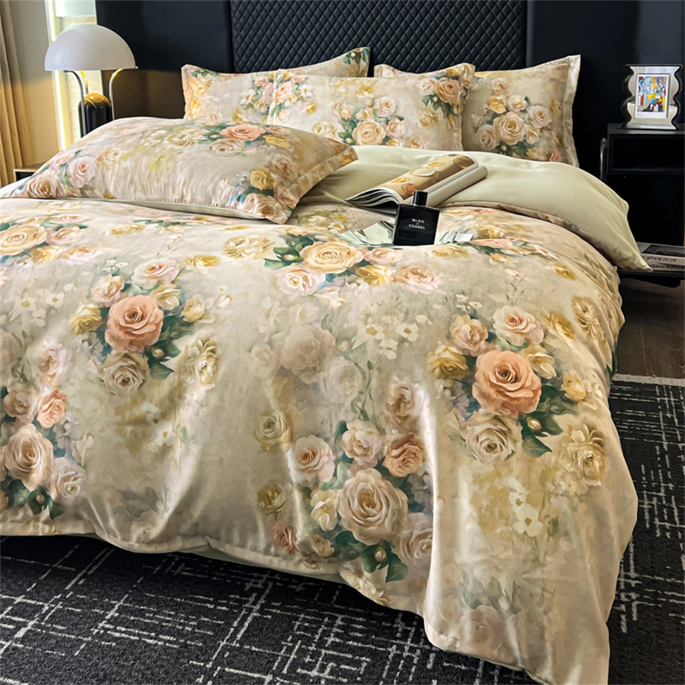 Flower Printed Bedding Set Soft Luxury Bedroom Decor Duvet Cover Set Comforter Pillowcase Bed Sheet Washed Cotton Four Piece Set