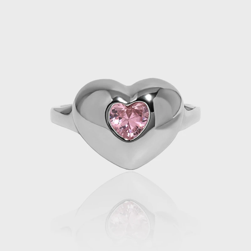 

Fashion Heart Design Rings Inlaid Pink Zircon Resizable Ring S925 Sterling Silver Fine Jewelry for Women Lover Gift Party 715#