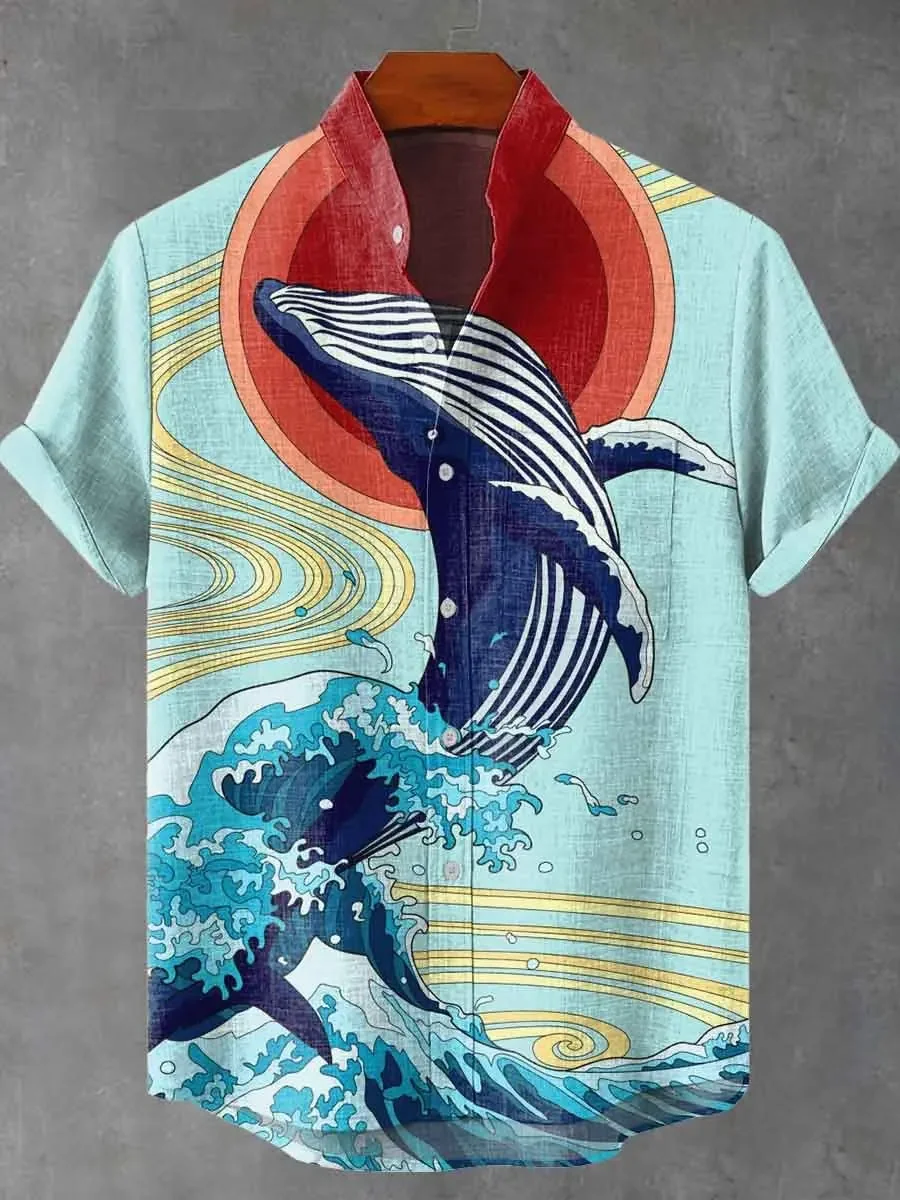 

Whale pattern, high-quality comfortable linen men's short sleeved shirt, fashionable trend, digital printing, street outdoor