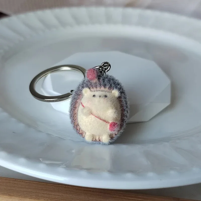 Cute Flocking Hedgehog Keychains For Women Gift Resin Cartoon Lovely Fluffy Penguin Animal Pet Phone Bag AirPods Box Key Ring