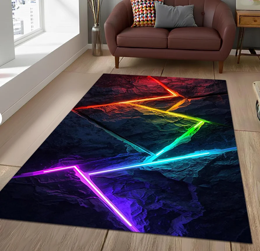 Neon Geometric Gaming Area Rug, Colorful LED Style Gamer Floor Mat, Abstract Dark Room Decor, Teen Room Carpet, Gamer Room Rug