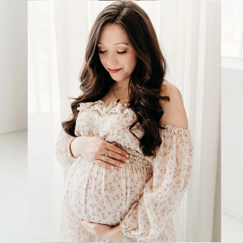Elegant  Floral Chiffon Maternity Dress One Shoulder Long Sleeved Two-Piece Pregnant Women Dress Photography Dress For Women