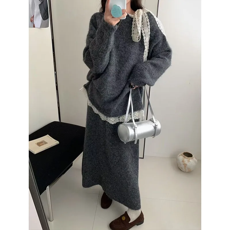 

Повседневный свободный сексуальный кружевной бант с круглым вырезом и длинными рукавами, вязаный пуловер, свитер + макси-юбка с эластичной резинкой на талии, комплект из 2 предметов, зимний женский костюм