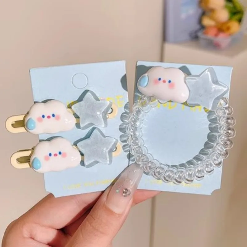 Korean Transparent Lovely Cloud Blue Star Dopamine Cream Hair Clip Telephone Line Hair Rope Cartoon Cute Duckbill Clip Versatile