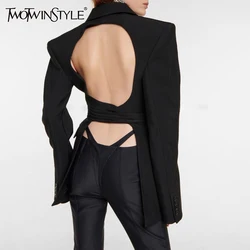 TWOTWINSTYLE Backless Spliced Lace Up Coat For Women Notched Collar Long Sleeve Patchwork Button Hollow Out Chic Blazer Female