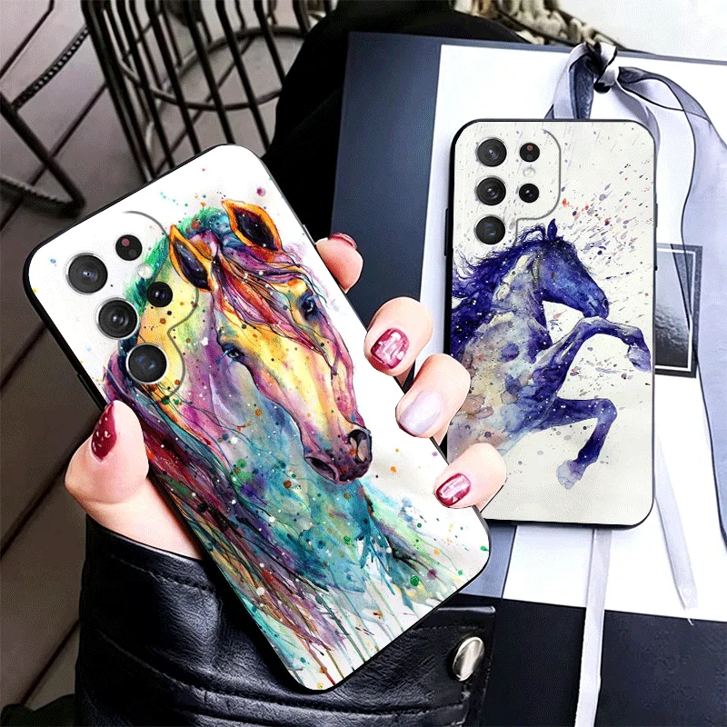 Oil Painting Horse Silicone Phone Case for Samsung Galaxy S24 S26 Ultra S25 Edge S23 Plus S22 + S21 S20 FE 5G Black Soft Cover G