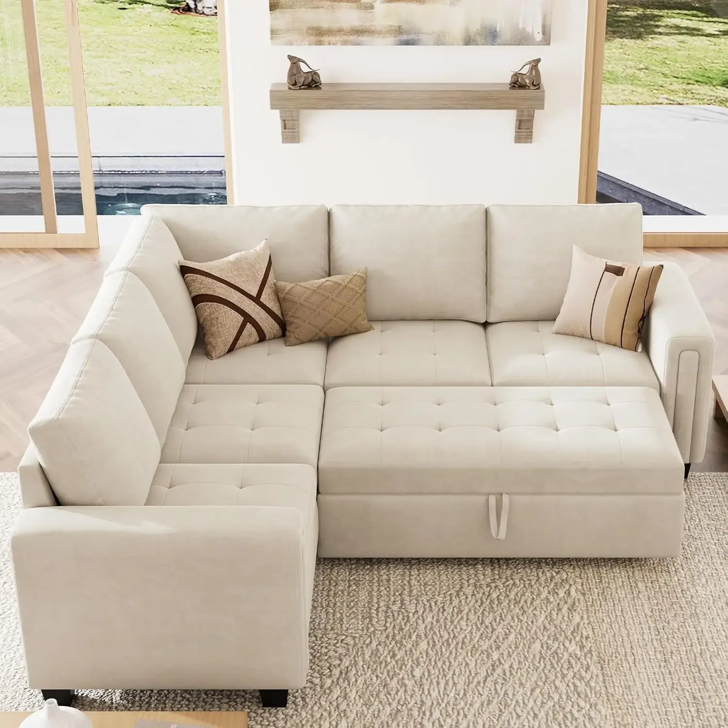 Sectional Sleeper Sofa with Pull Out Couch Bed Velvet Convertible L Shaped Sectional Couch