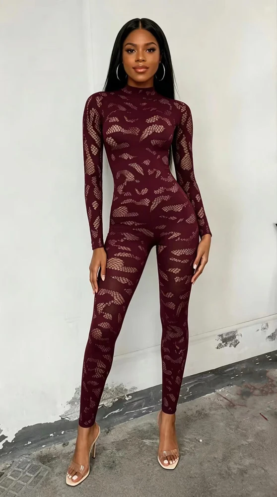 Damen-Jumpsuit aus transparenter Spitze, langärmelig, figurbetont, einteiliges Outfit, abstraktes, durchsichtiges, enganliegendes Jumpsuit für Party, Nachtclub und Clubwear. – Detail 3