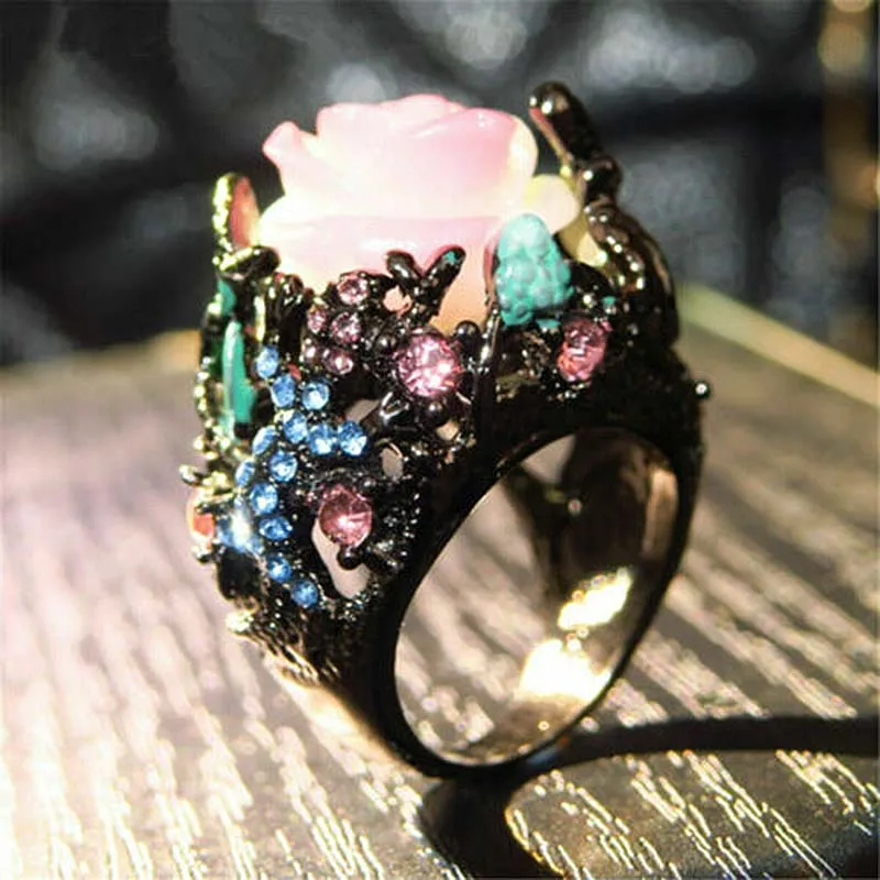 Hot Sale Milangirl Vintage Black Tungsten Peony Flower Tree Vine Lizard Handmade Jewelry Resin Crystal Beaded Ring