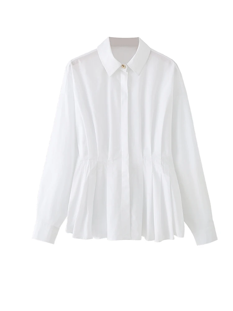 

Женские свободные плиссированные белые хлопковые рубашки с длинным рукавом, однобортные длинные топы, блузки