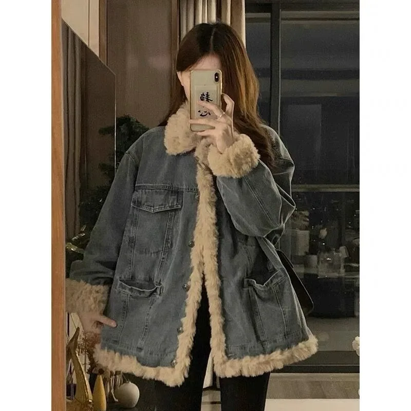 

Retro Lambswool Denim Jacket Women's Autumn and Winter 2025 New Lambswool Cotton-padded Jacket