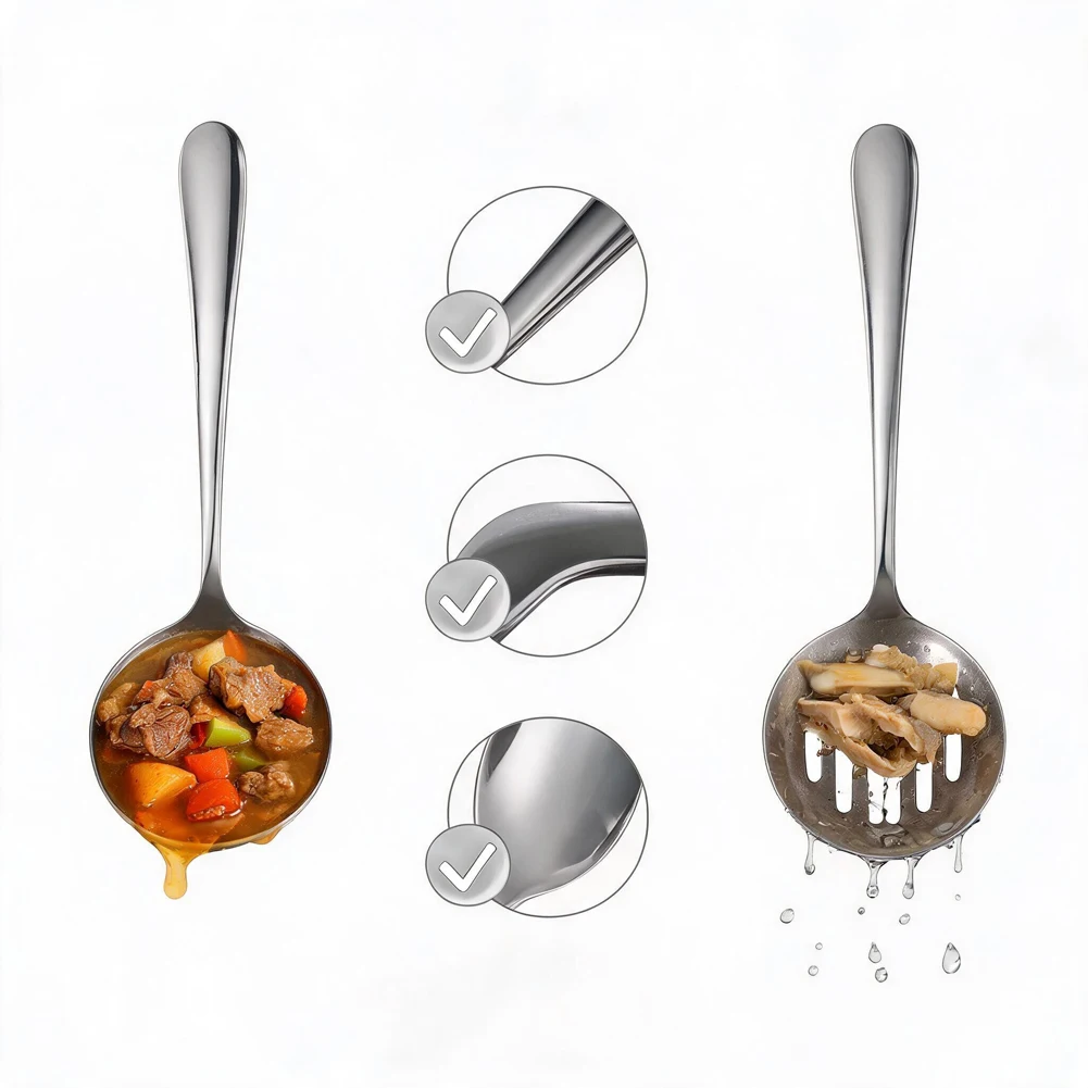 8 Piece Stainless Steel Serving Spoon Set with Colander Functionality for Event Catering Banquet and For Buffet Use