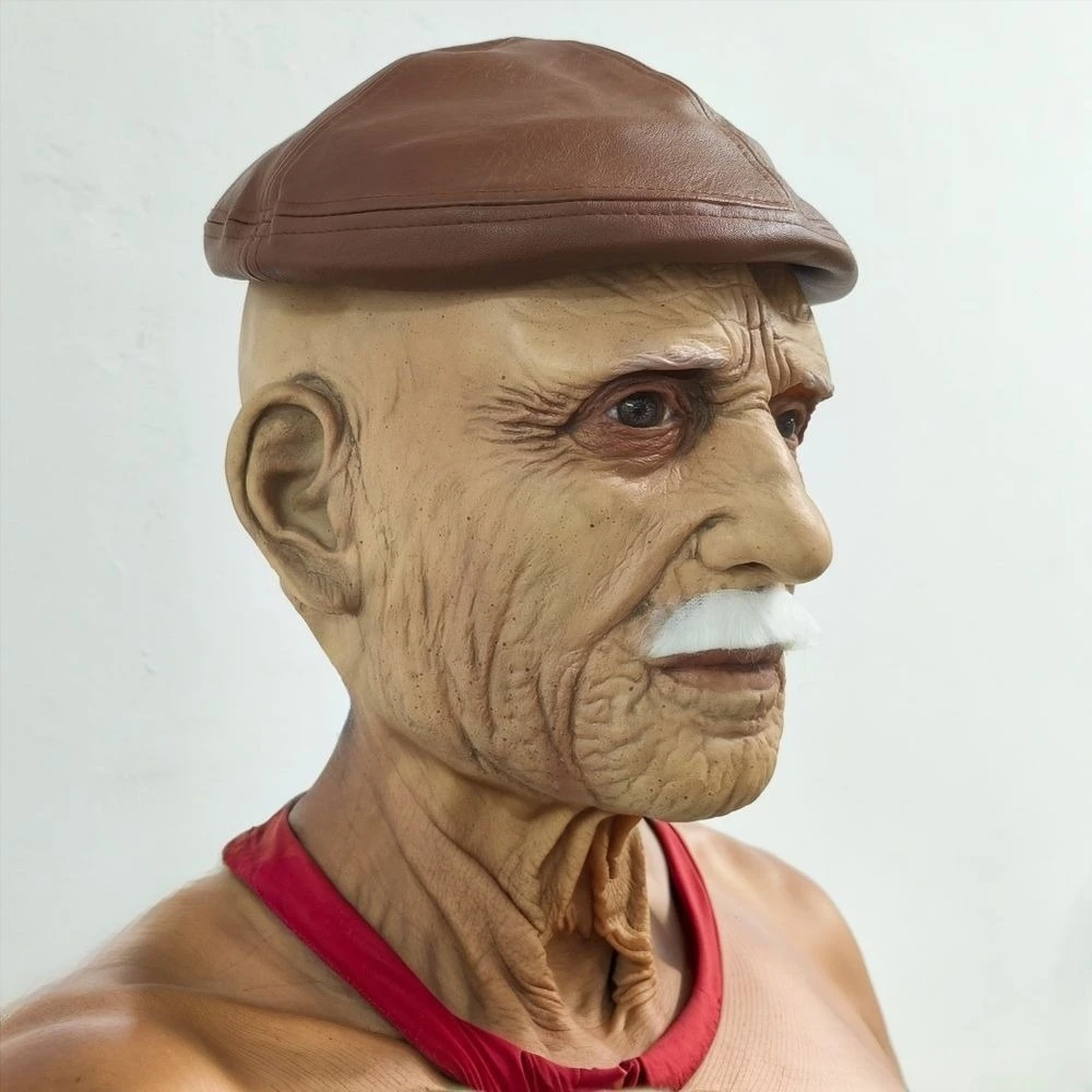 Männer realistische alte Mann Gesichtsmaske mit Baskenmütze Hut Halloween Kostüm Zubehör PU Leder Bart Mode Erwachsene Cosplay Gummi Maske – Detail 3