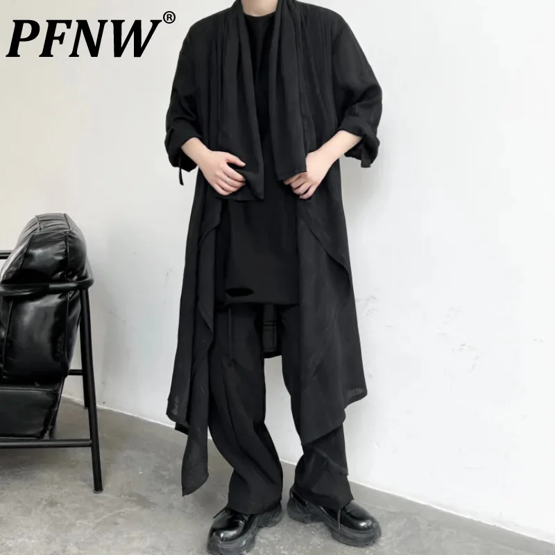 

PFNW Men's Mid Length Shirt 2024 Summer New Dark Style Long Sleeve Loose Youth Fashion Coat Solid Color Pleated Male Tops 12C109