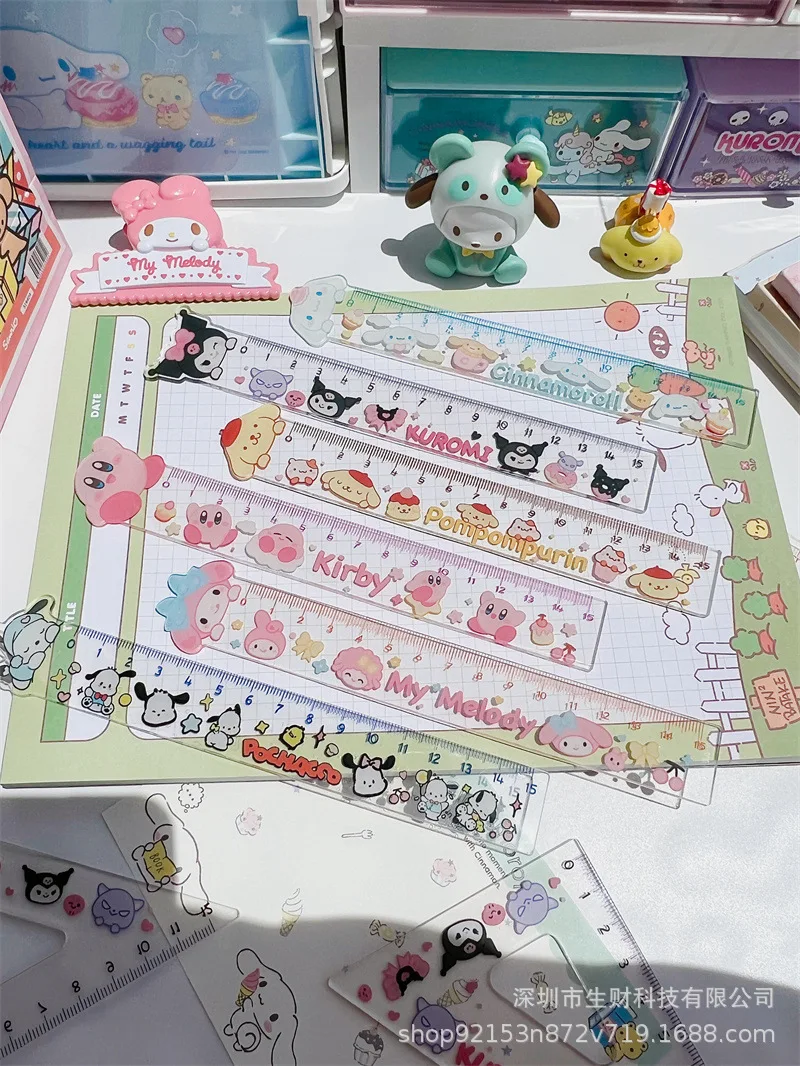 Cartoon Sanrio Acrylic Students Four-Piece Set Ruler Creative Cute Kuromi Cinnamoroll Standard Measurable Drawing Triangle Ruler