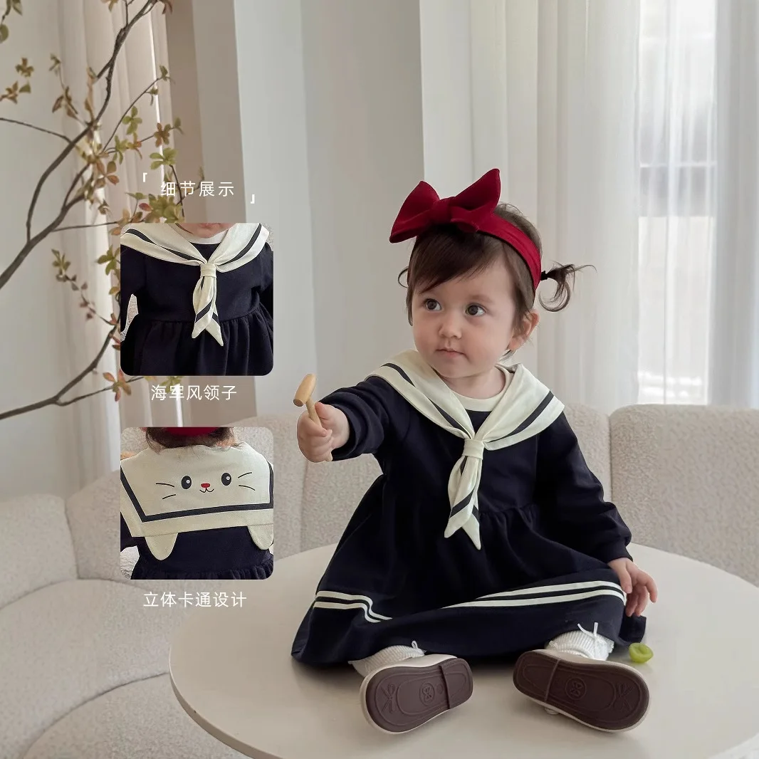 Girls' College Skirt 2025 New Autumn Korean Baby Girl's Lapel Dress 0-5Year Kid's Princess Dress