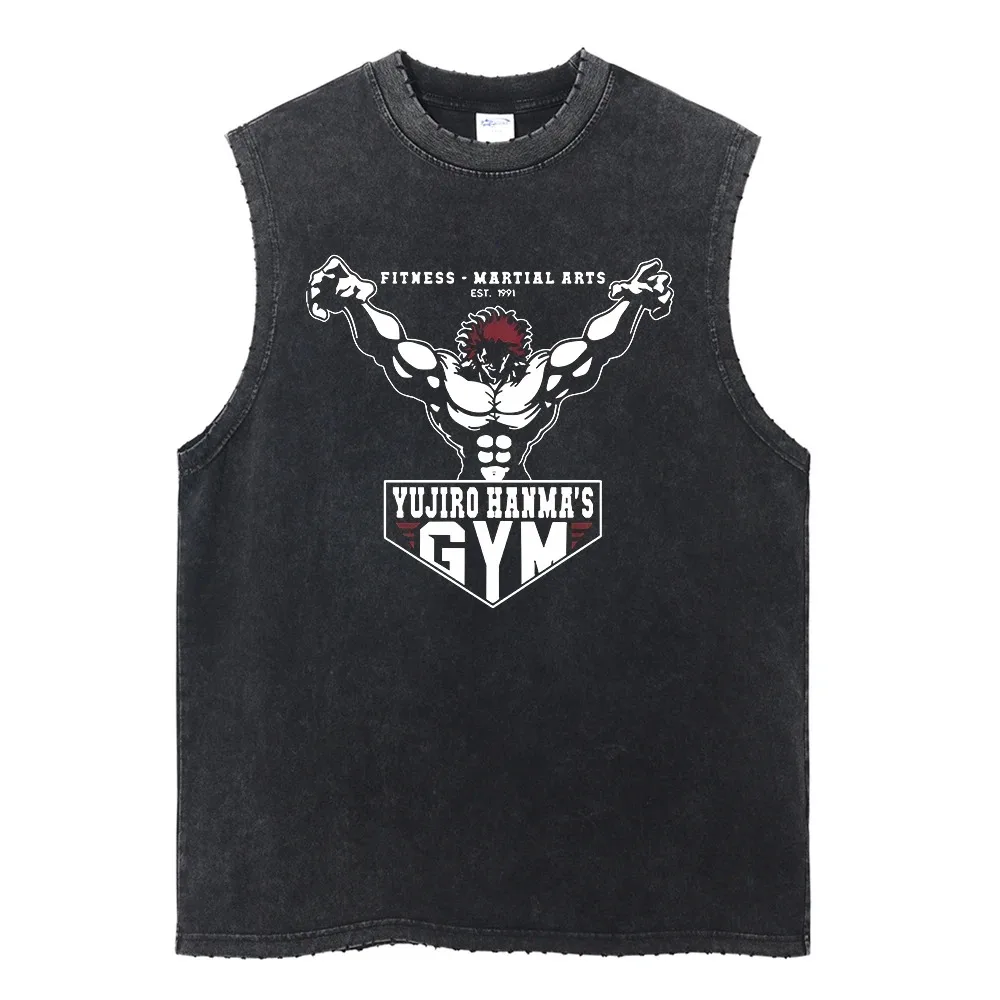 Summer Black Washed Vest Hip Hop Streetwear Tank Top Oversized Cotton T Shirt Anime Graphic Character Print Vest Tee Top