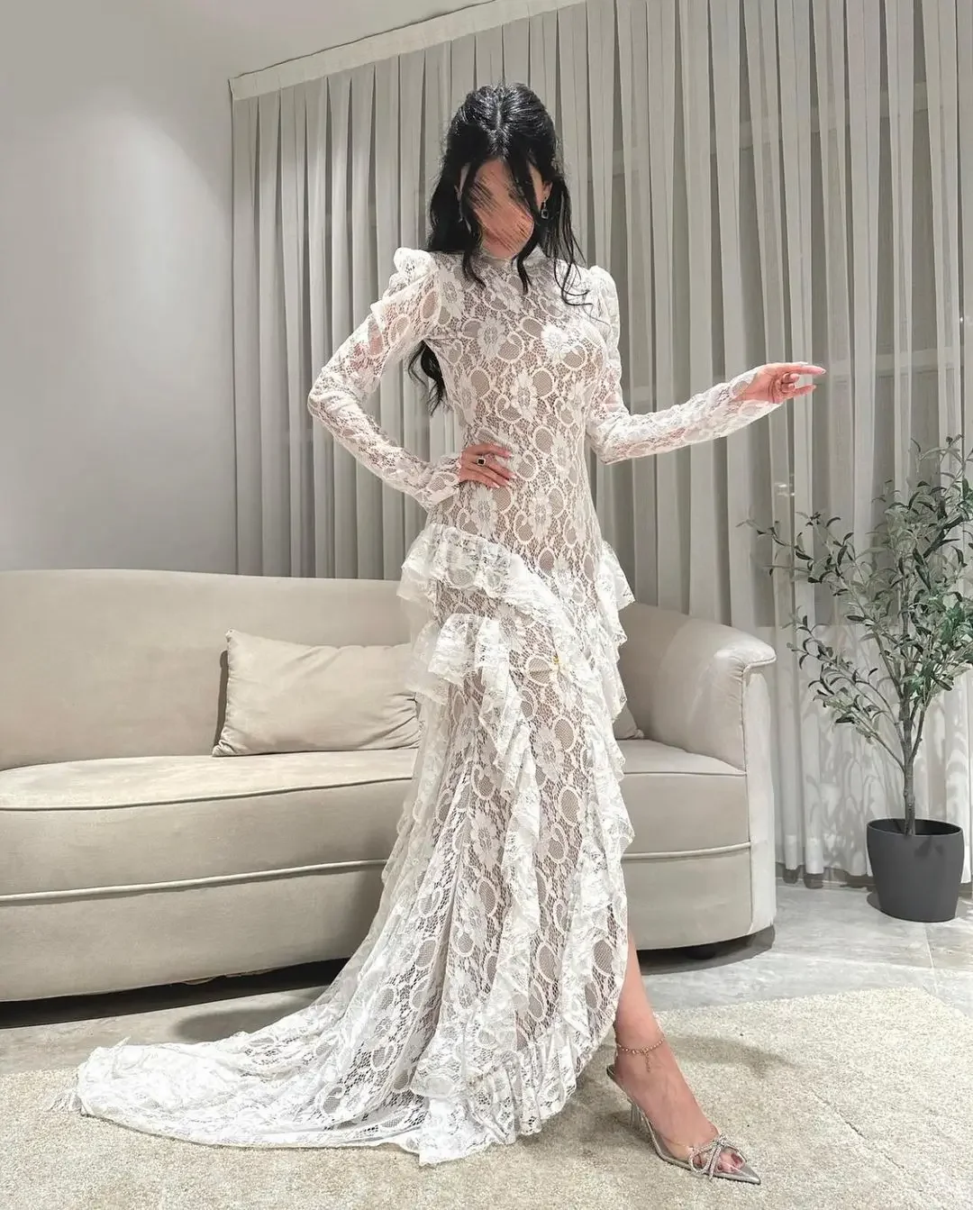 O-Neck Hi-Lo Saudi Arabia Evening Gowns 2023 Formal Party Dress Elegant Women Mermaid Long Sleeves Lace Prom Dresses