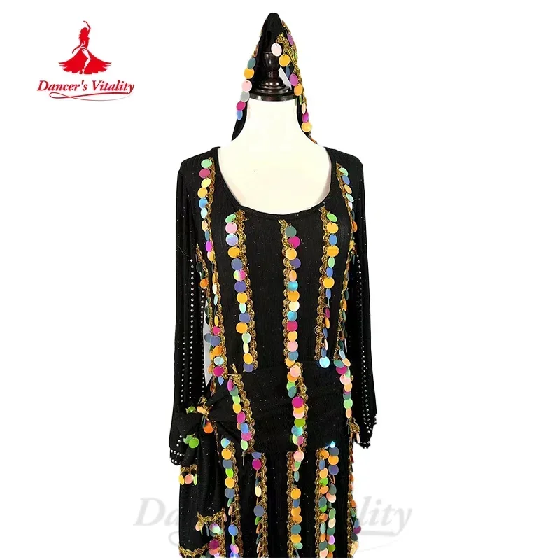 Costume di danza del ventre per le donne abito di paillettes di colore personalizzato + foulard + sciarpa all'anca 3 pezzi abbigliamento da prestazione di danza del ventre orientale