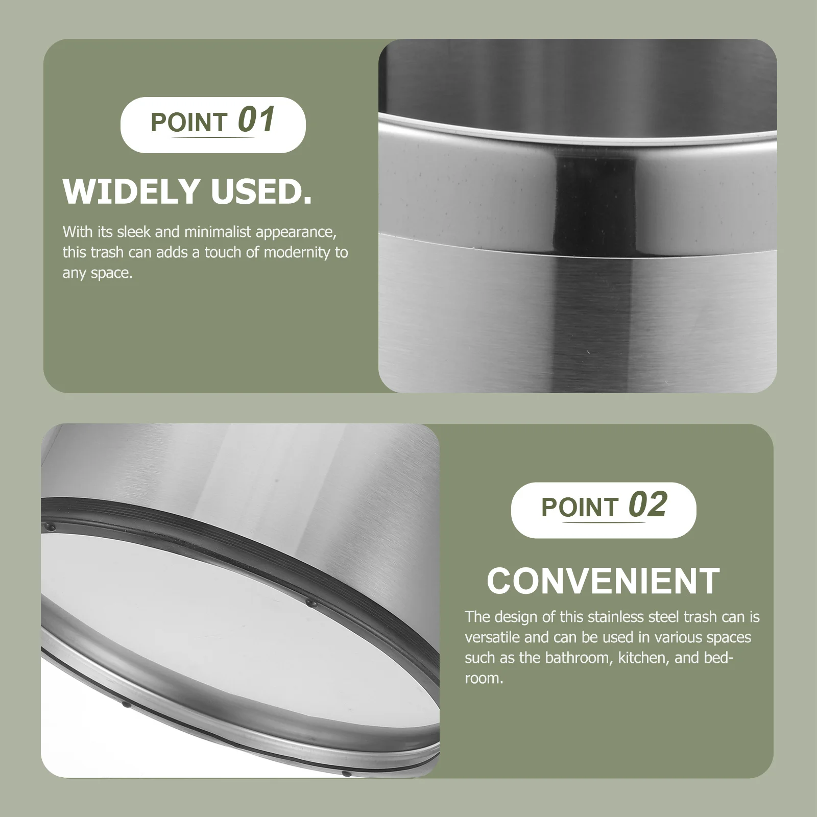 

Stainless Steel Trash Can Modern Minimalist Design Large Capacity for Kitchen Bathroom Bedroom Office Metal Garbage Bin Dustbin