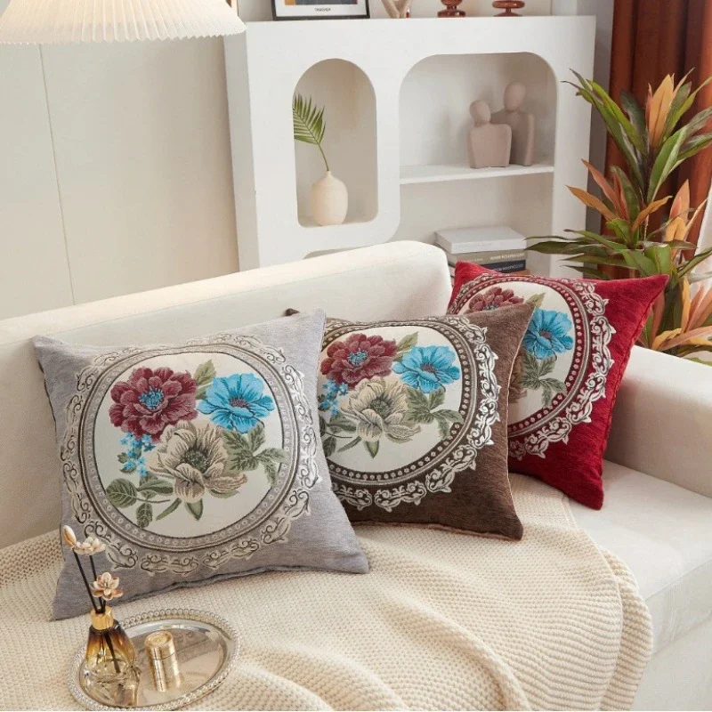 

European Style Jacquard Cushion Cover Vintage Embroidery Flowers Decorative Pillows Home Sofa Chair Backrest Pillowcase 45x45CM