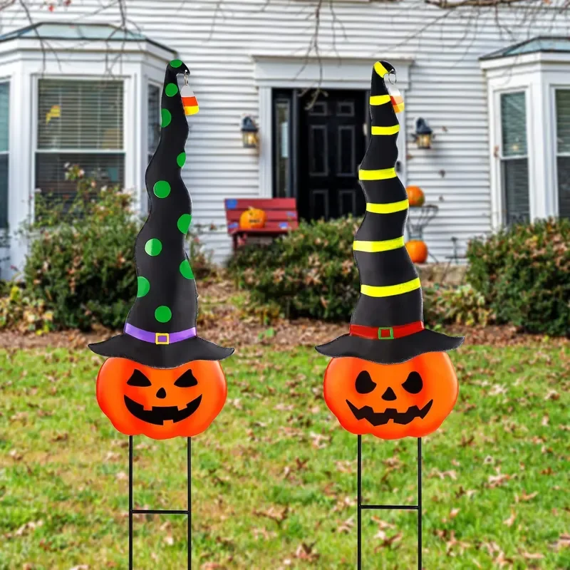 FY Halloween Metal Yard Decor Creative Pumpkin Witch Hat Wrought Iron Floor Inserts Garden Ornaments For Home Yard