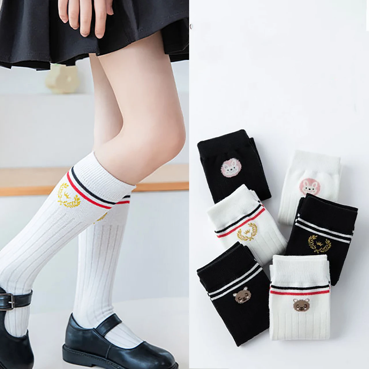 

3-15Year Girls Calf Socks Spring Autumn Knit Long Stockings Solid Color Cotton Sock College Children Leg Socks Kids Footwear