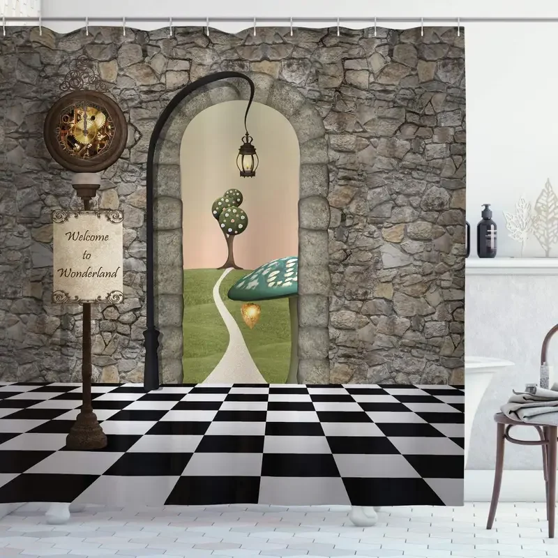 Cortina de ducha del país de las Maravillas, Alice, conejo blanco, Mr, psicodélico, estilo de cuento de hadas, cortinas de tela, conjunto de decoración para el baño