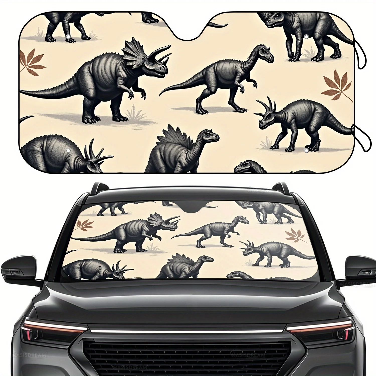 

1 шт. WILDLAVIE Винтажный автомобильный солнцезащитный козырек с рисунком динозавра и листа — 57 x 27,5 дюймов, подходит для лобового стекла с 4 присосками для переднего ветра