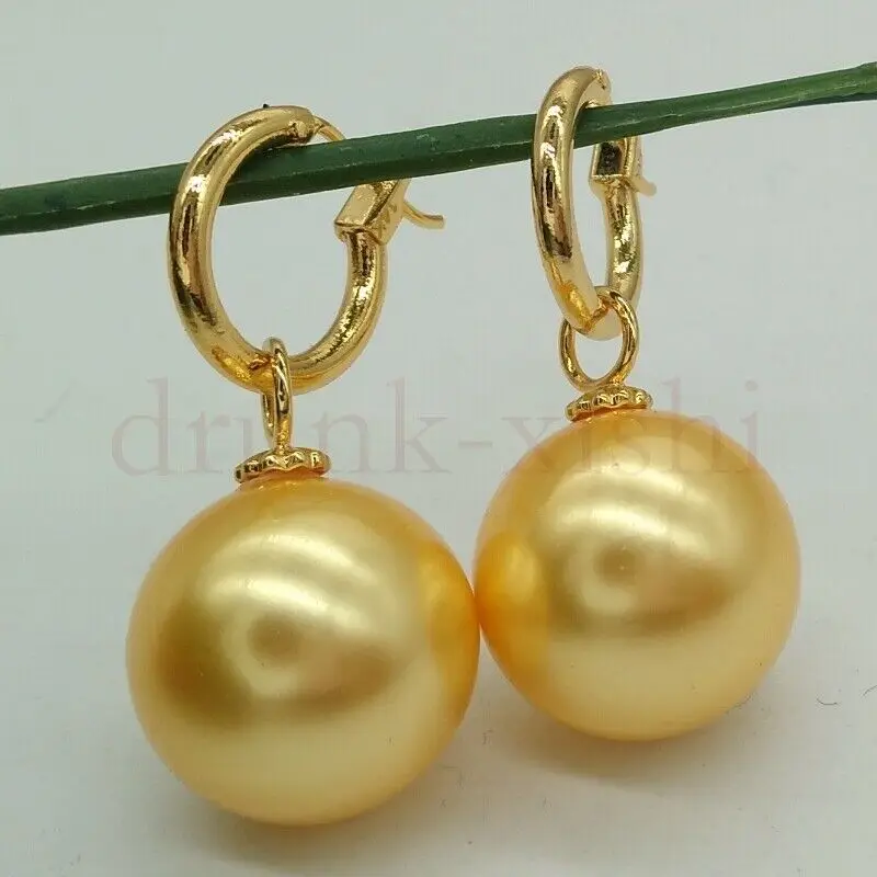 Huge AAAAA 16mm Round South Sea Golden SHELL Pearl Earrings Filled 14k Gold Hoop Leverback Christmas Wedding Gift Free Shipping