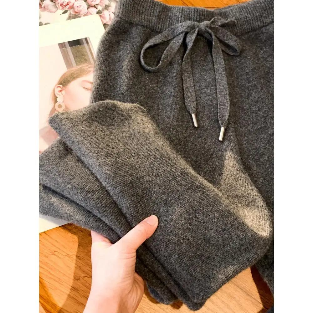 ey Thiened 00 الصوف محبوك بنطال ذو قصة أرجل واسعة المرأة فضفاضة عادية Camere مستقيم الساق بنطلون مريح l الخصر