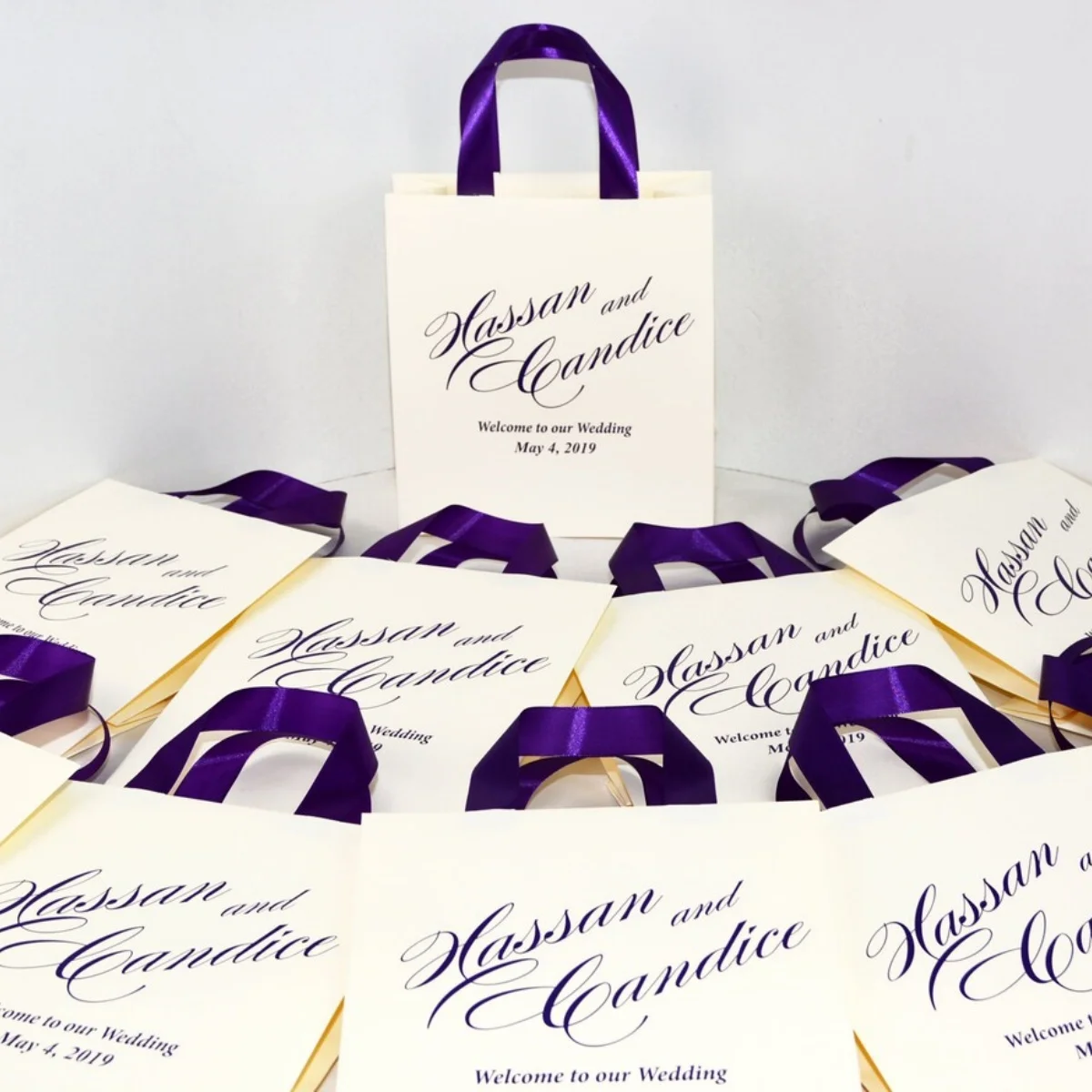 

Chic Black and Gold Wedding Welcome Bag with satin ribbon handles and your names - Welcome to Our Wedding - Elegant favors for g