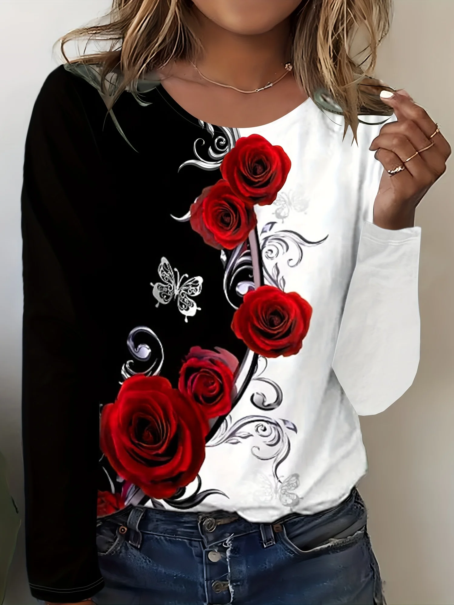 Plus Size, Cross-border European and American Women's Autumn/winter New Rose Bouquet Print Long-sleeved T-shirt for Women