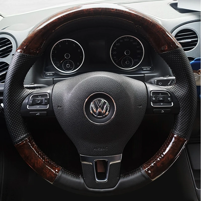 Car Steering Wheel Cover Braid Walnut Genuine Leather For Volkswagen Passat B7 CC Touran Magotan Sagitar VW Gol Tiguan